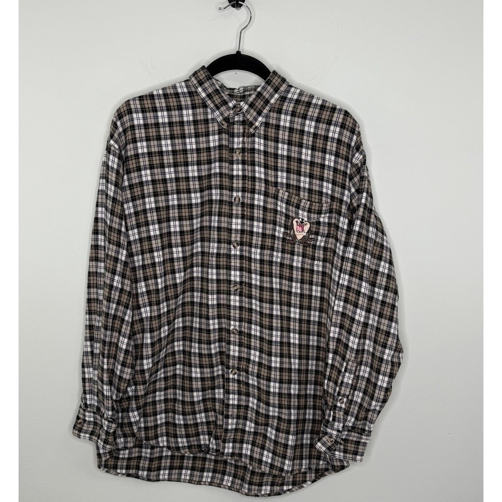 Vtg Looney Tunes Flannel Shirt Taz Warner Brothers Embroidered Size L 1999 Plaid